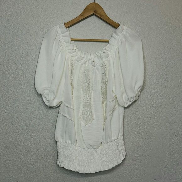 Vintage Blouse M Cream XOXO Lace Sheer Smocked Milkmaid Cottagecore Coquette Y2K - Picture 1 of 10
